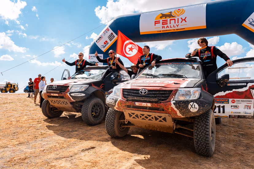ATTENTION EDITORS - HANDOUT PICTURES - EDITORIAL USE ONLY MANDATORY CREDIT: 'ROBI MERTENS - FERYN DAKAR SPORT' This handout picture, released by Eric dupain on Saturday 31 October 2026 shows Pascal Feryn, Kurt Keysers, Koen Wauters and Tom De Leeuw celebrating at the finish of the Fenix Rally in Monastir, Tunisia. - Belga and Belga editorial board decline all responsability regarding the content of this picture. PHOTO HANDOUT Hyundai Motorsport