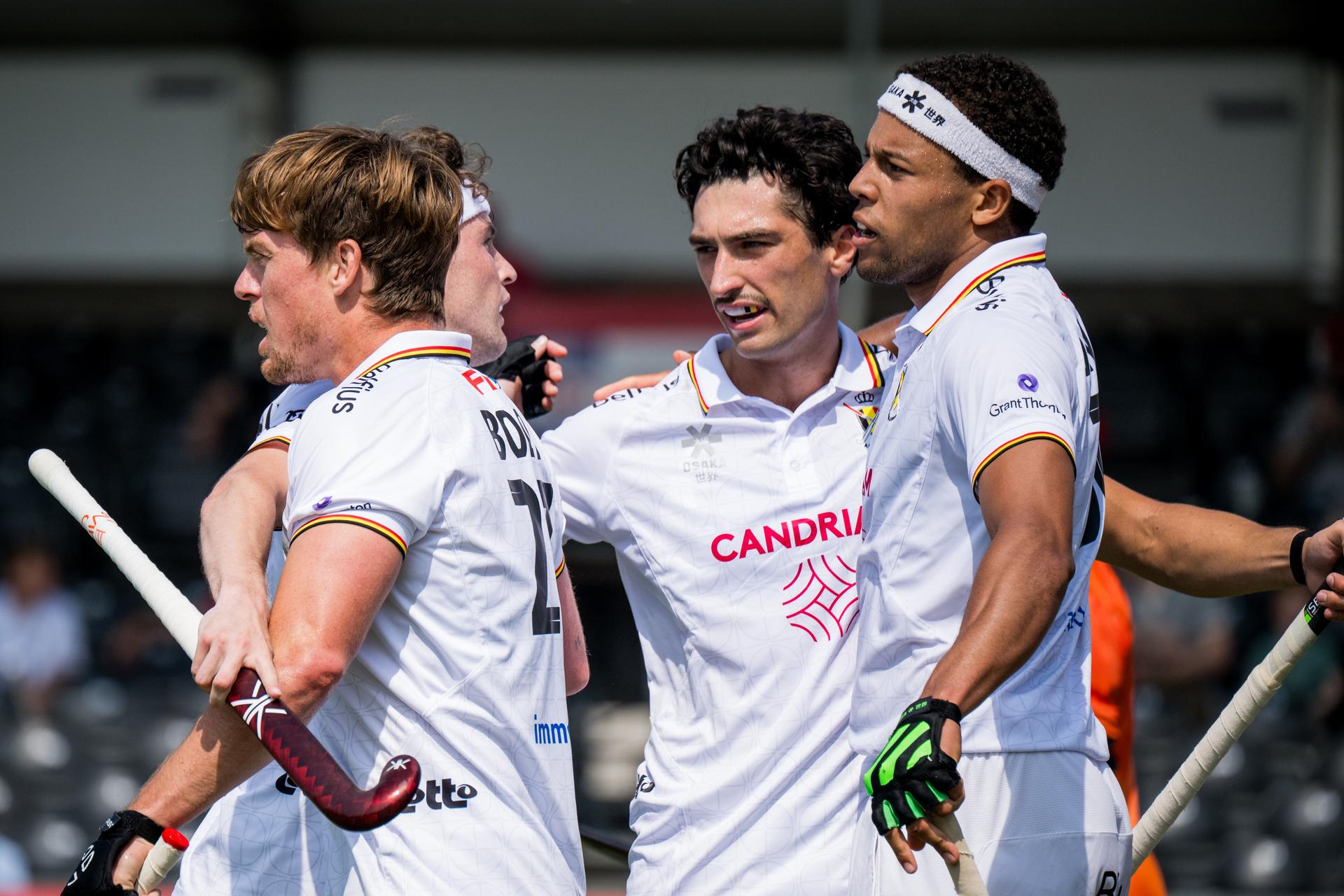 Belgium's players celebrate after scoring during a hockey game between Belgian national team Red Lions and Ireland, match 9/16 in the group stage of the 2025 Men's FIH Pro League, Saturday 14 June 2025, in Antwerp. BELGA PHOTO JASPER JACOBS