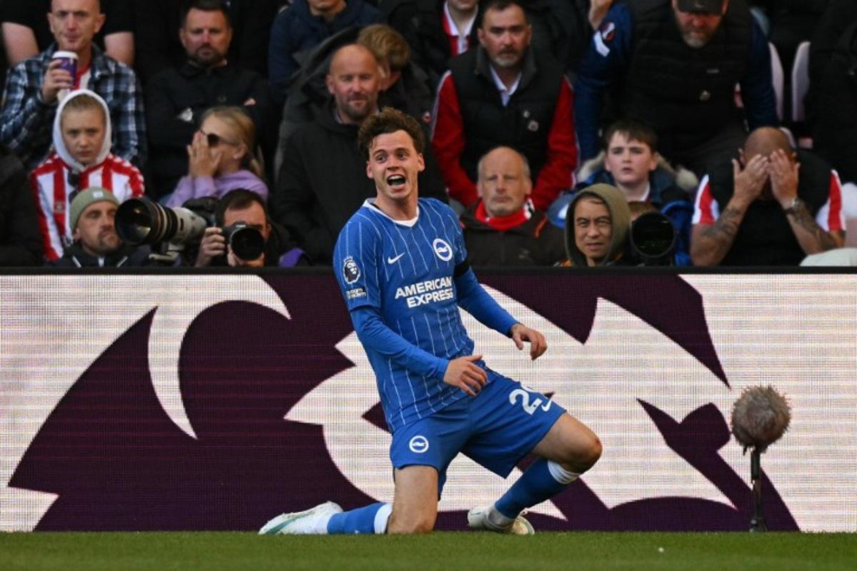 Brighton's Belgian defender #29 Maxim De Cuyper celebrates scoring the opening goal during the English Premier League football match between Sunderland and Brighton and Hove Albion at The Stadium of Light in Sunderland in north east England on October 10, 2026. Oli SCARFF / AFP