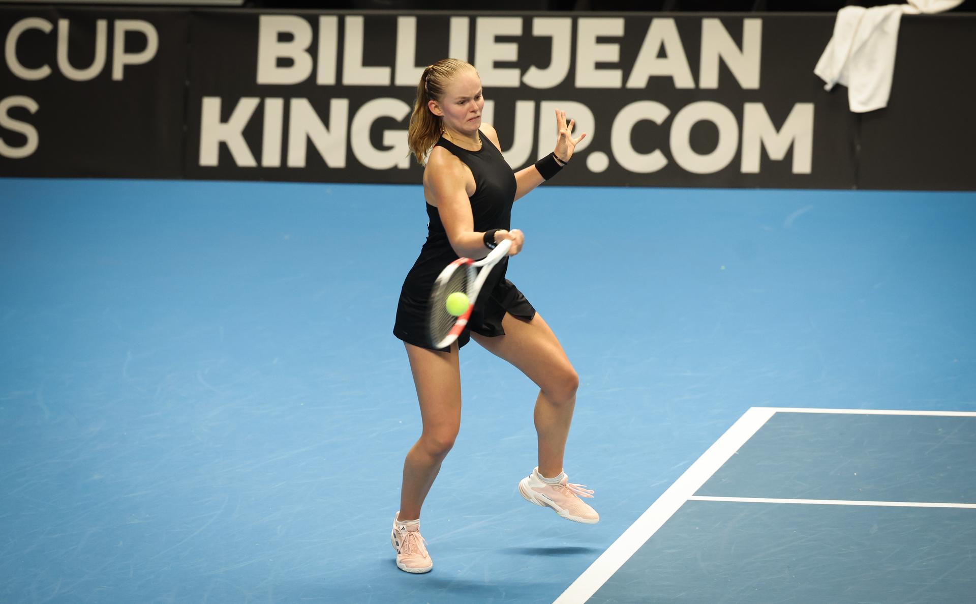 Belgian Jeline Vandromme pictured in action during a tennis match between Belgian Vandromme and French Cornet, on Friday 11 April 2025, the first game in the Promotion Play-offs between Belgium and France in the Europe/Africa Group I of the Billie Jean King Cup tennis, in Vilnius, Lithuania. PHOTO VIRGINIE LEFOUR