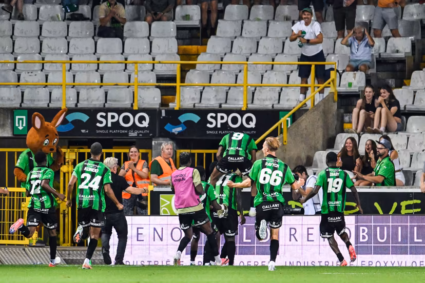 Cercle's Krys Kouassi celebrates after scoring during a soccer match between Cercle Brugge and STVV, Friday 14 August 2026 in Brugge, on day 2 of the 2026-2027 'Jupiler Pro League' first division of the Belgian championship. BELGA PHOTO TOM GOYVAERTS