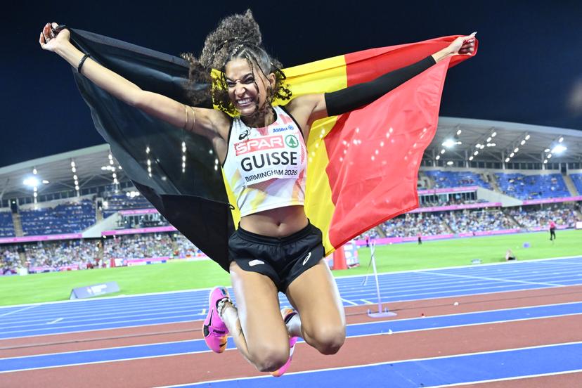 Belgian Saliyya Guisse reacts after winning the silver medal in the women's triple jump event on the fourth day of the European Athletics Championships (August 10-18) in Birmingham, United Kingdom, on Thursday 13 August 2026. BELGA PHOTO ERIC LALMAND