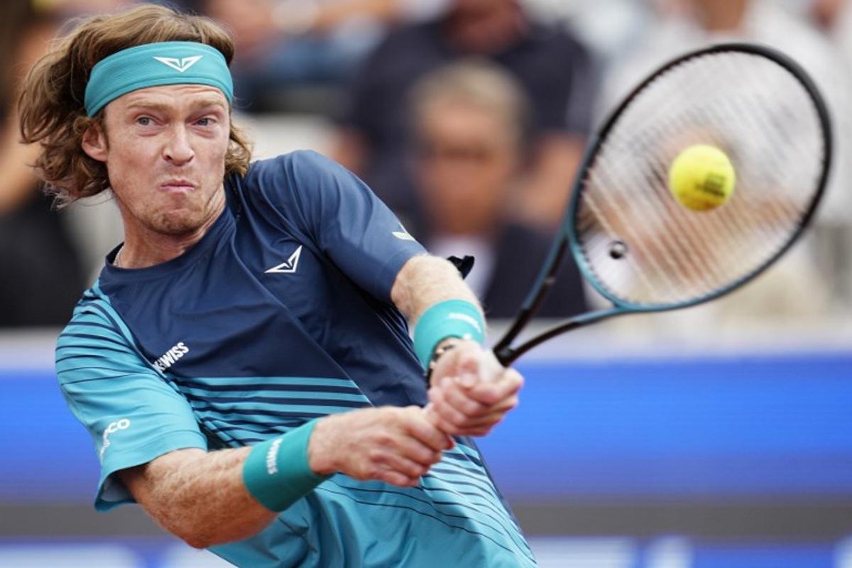 Russia's Andrey Rublev returns the ball during the men's singles final tennis match against Italy's Luciano Darderi at the ATP 250 Nordea Open tennis tournament in Bastad, Sweden on July 19, 2026. Bjorn LARSSON ROSVALL / TT News Agency / AFP