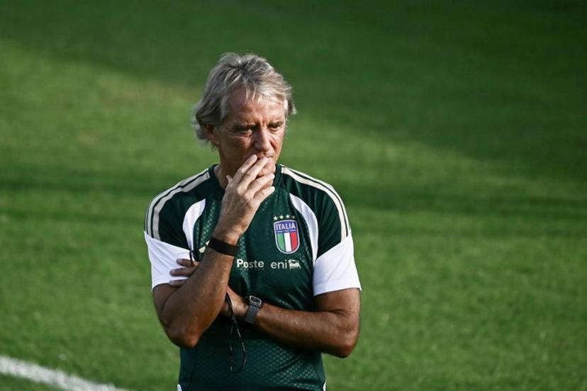 Italy's head coach Roberto Mancini looks on during a training session in Coverciano, near Florence, on September 21, 2026, ahead of Italy's UEFA Nations League football match against Belgium. Filippo MONTEFORTE / AFP