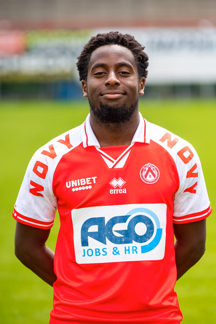Kortrijk's Dylan Mbayo poses for a portrait at the 2024-2025 season photoshoot of Belgian Jupiler Pro League team KV Kortrijk, Tuesday 16 July 2024 in Kortrijk. BELGA PHOTO KURT DESPLENTER