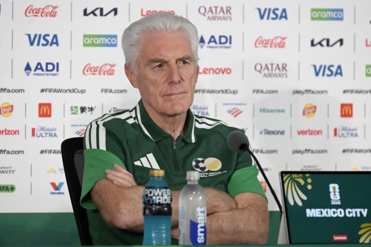 South Africa's Belgian head coach Hugo Broos gives a press conference at the Mexico City Stadium in Mexico City on June 10, 2026, on the eve of the 2026 World Cup football match between Mexico and South Africa. Alfredo ESTRELLA / AFP
