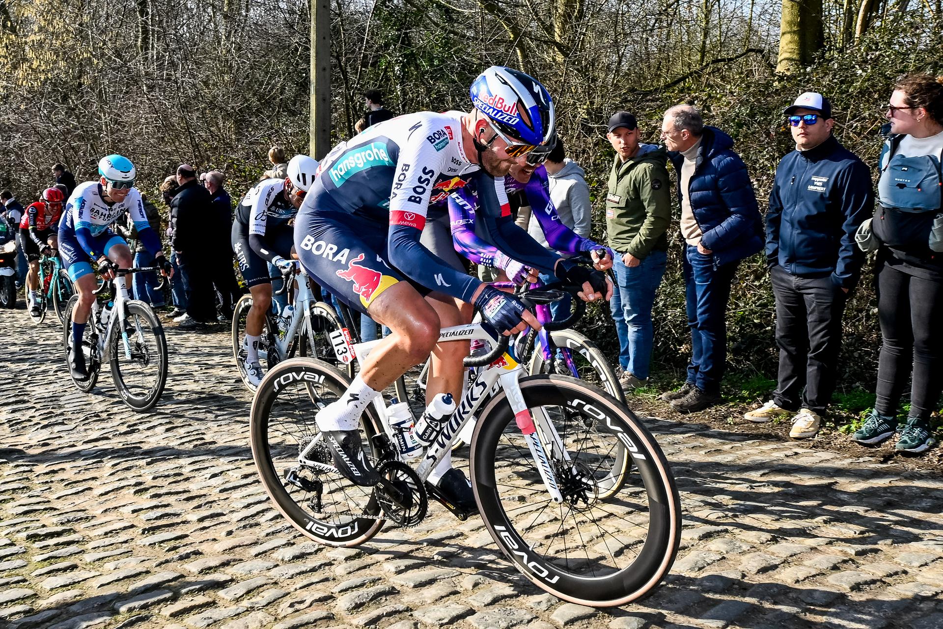 Spanish Oier Lazkano of RedBull-BORA-hansgrohe pictured in action during the Kuurne-Brussels-Kuurne one day cycling race, 196,9 km from Kuurne to Kuurne via Brussels, Sunday 02 March 2025. BELGA PHOTO DIRK WAEM