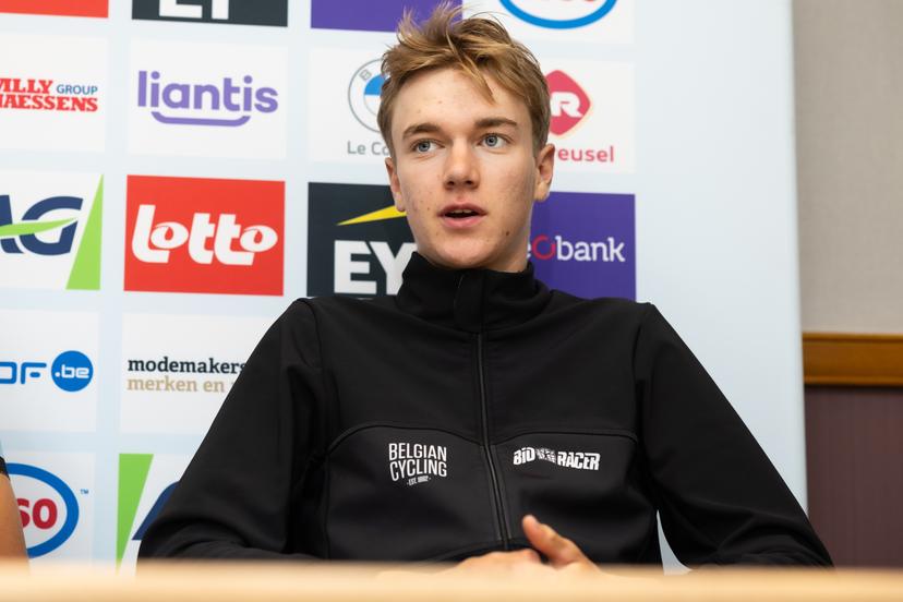 Belgian Duarte Marivoet Scholiers pictured during a press conference at the UCI World Championships Cycling, in Glasgow, Scotland, Monday 07 August 2023. UCI organizes the worlds with all cycling disciplines, road cycling, indoor cycling, mountain bike, BMX racing, road para-cycling and indoor para-cycling, in Glasgow from 03 to 13 August. BELGA PHOTO DAVID PINTENS