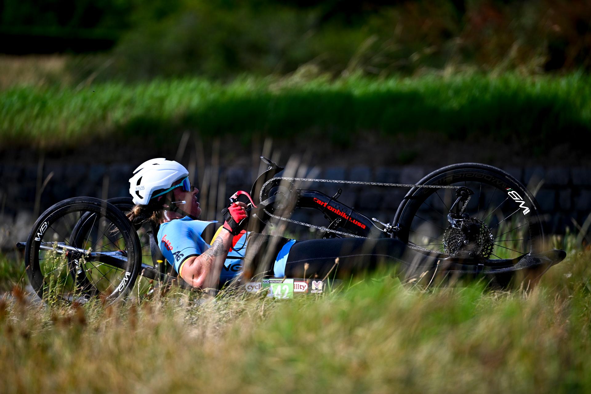Belgium Laurence Vandevyver (WH3) pictured in action during the individual time trial at the UCI Para-cycling Road World Championships, Thursday 28 August 2025, in Ronse. The UCI Para-Cycling Road World Championships take place from 28 to 31 Augustus in Ronse. BELGA PHOTO JASPER JACOBS
