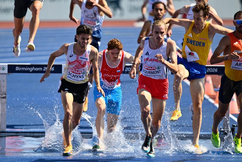 Belgian Remi Schyns pictured during the men's 3000m steeplechase, at on the fourth day of the European Athletics Championships (August 10-18) in Birmingham, United Kingdom, on Thursday 13 August 2026. BELGA PHOTO ERIC LALMAND