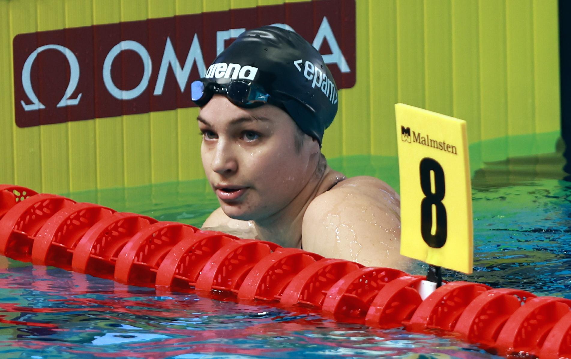 Belgian Sarah Dumont pictured in action during the women's 400m freestyle at the European Aquatics Short Course Swimming Championships in Lublin, Poland, on Tuesday 02 December 2025. BELGA PHOTO NIKOLA KRSTIC