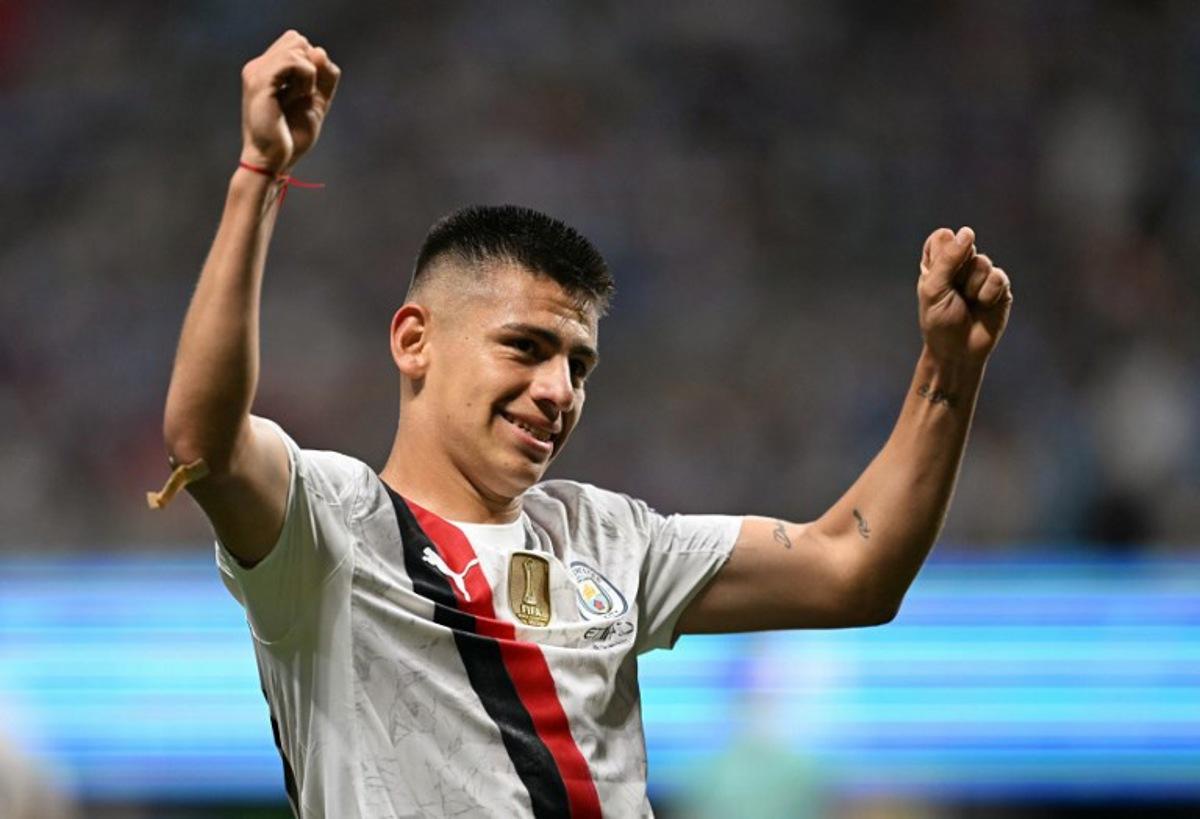 Manchester City's Argentine midfielder #30 Claudio Echeverri celebrates scoring his team's second goal during the FIFA Club World Cup 2025 Group G football match between England's Manchester City and UAE's Al Ain FC at the Mercedes-Benz stadium in Atlanta on June 22, 2025. PATRICIA DE MELO MOREIRA / AFP