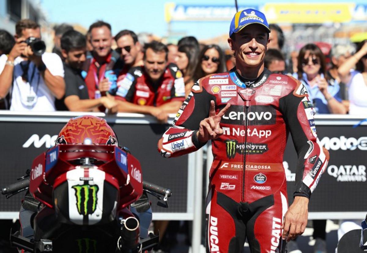 Team Ducati Lenovo Team's Marc Marquez celebrates his second place after the qualifying session of the MotoGP Aragon Grand Prix at the Motorland circuit in Alcaniz, northeastern Spain, on August 29, 2026. Jose Jordan / AFP