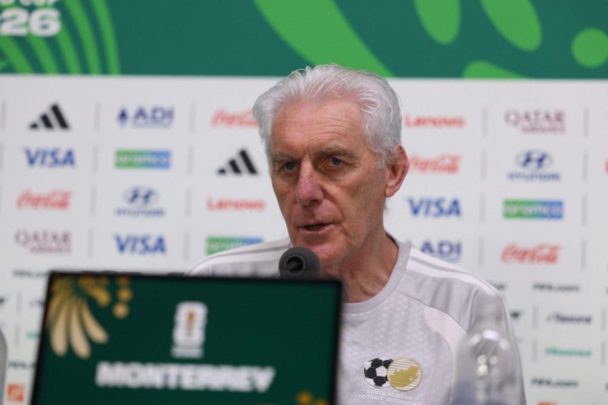 South Africa's Belgian head coach Hugo Broos gives a press conference at the Monterrey Stadium in Mexico on June 23, 2026, on the eve of the 2026 World Cup match between South Africa and South Korea. Julio Cesar AGUILAR / AFP