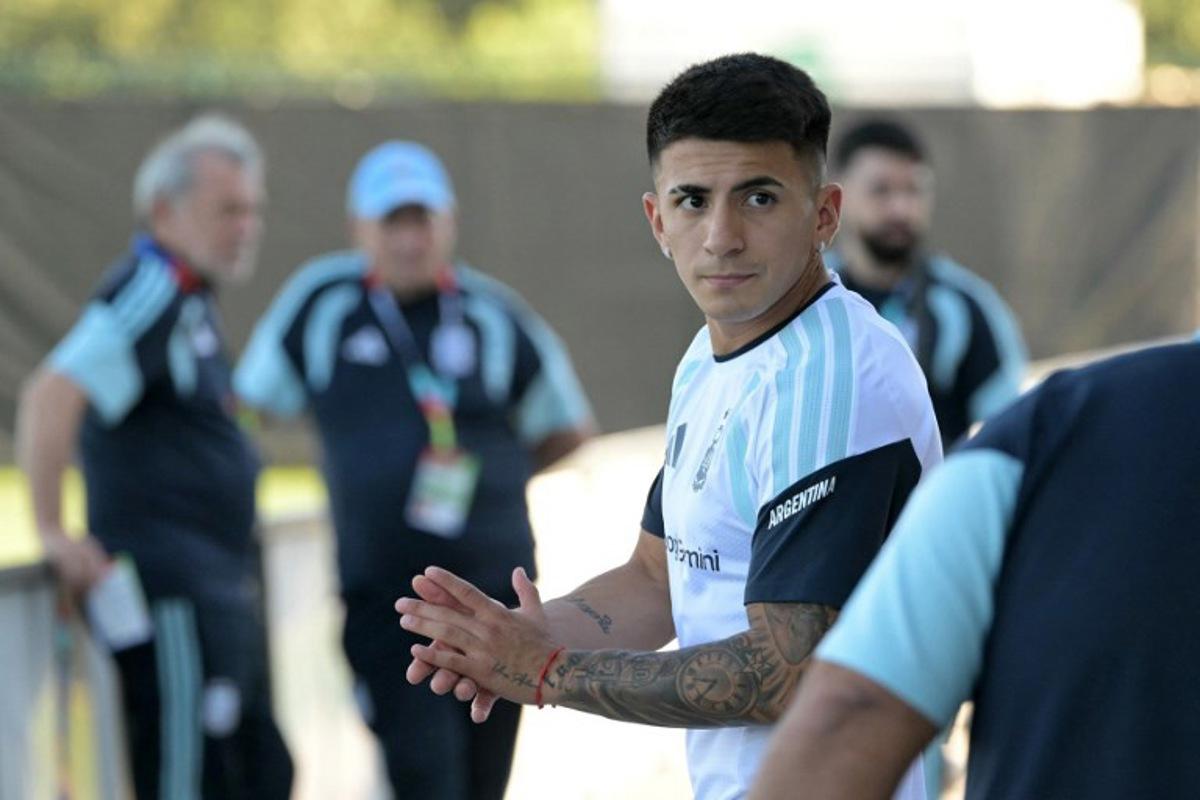 Argentina's forward Thiago Almada arrives for a training session during the 2026 World Cup football tournament at Sporting KC Training Centre in Kansas City on June 11, 2026. JUAN MABROMATA / AFP