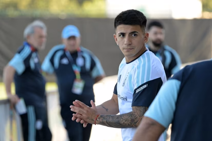 Argentina's forward Thiago Almada arrives for a training session during the 2026 World Cup football tournament at Sporting KC Training Centre in Kansas City on June 11, 2026. JUAN MABROMATA / AFP