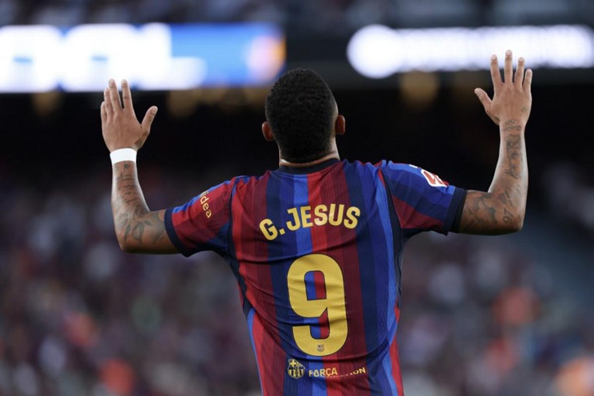 Barcelona's Brazilian forward #09 Gabriel Jesus celebrates scoring his team's second goal during the Spanish league football match between FC Barcelona and Getafe CF at Camp Nou Stadium in Barcelona on October 10, 2026. Lluis GENE / AFP