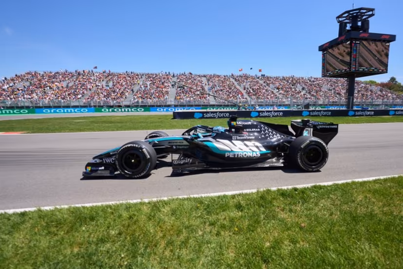 Mercedes' British driver George Russell races during a practice session for the 2026 Formula 1 Grand Prix du Canada at Circuit Gilles-Villeneuve in Montreal, Canada, on May 22, 2026. Geoff Robins / AFP