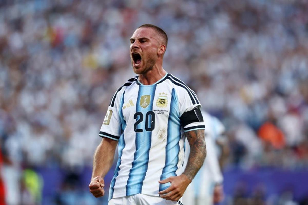 Argentina's midfielder #20 Alexis Mac Allister celebrates scoring his team's first goal during the 2026 World Cup football tournament quarter-final match between Argentina and Switzerland at the Kansas City Stadium in Kansas City on July 11, 2026. CHARLY TRIBALLEAU / AFP