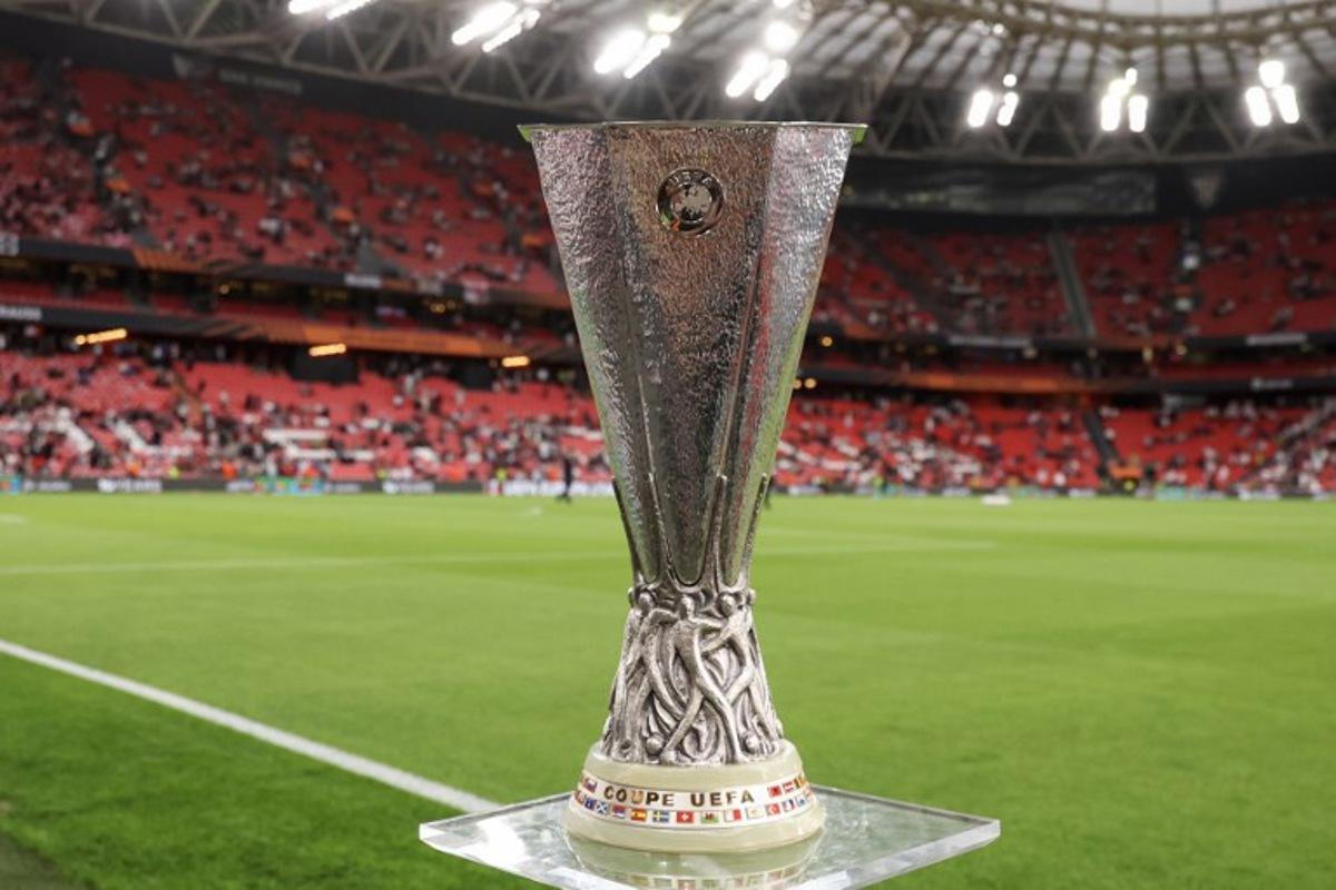 The UEFA Europa League trophy is displayerd ahead of the UEFA Europa League final football match between Tottenham Hotspur and Manchester United at San Mames stadium in Bilbao on May 21, 2025. Thomas COEX / AFP