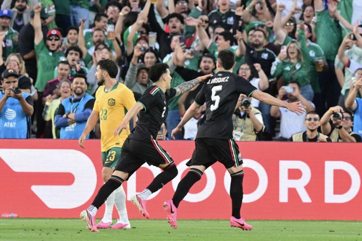 Mexico's defender #05 Johan Vasquez celebrates after scoring a goal during a friendly football match between Mexico and Australia at The Rose Bowl in Pasadena, California, on May 30, 2026. Frederic J. Brown / AFP
