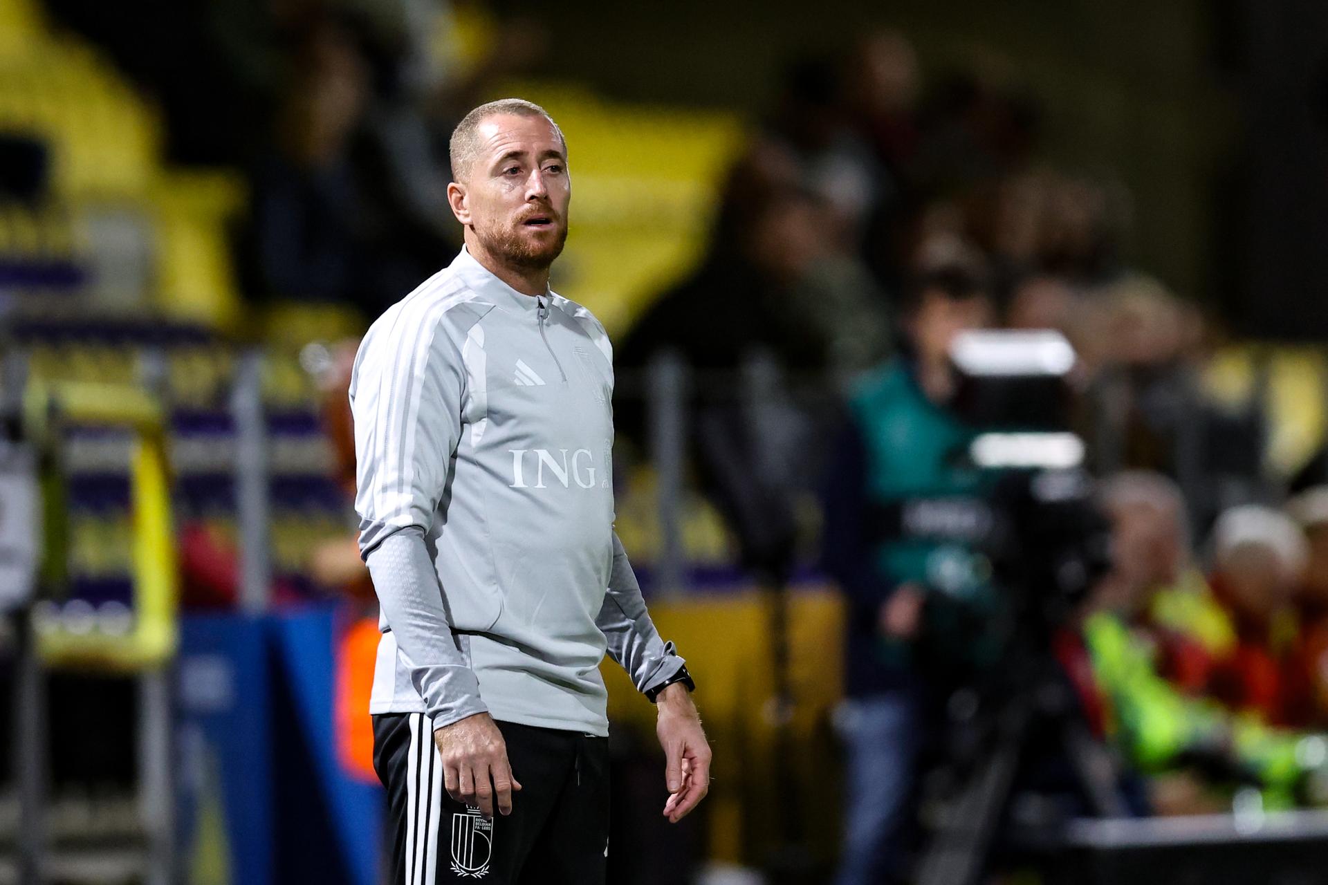 Belgium's U21 head coach Gil Swerts is pictured during a soccer game between Belgium U21 and Belarus U21, Thursday 24 September 2026 in Westerlo, qualifier 6/8 for the 2027 European Championships. BELGA PHOTO BRUNO FAHY