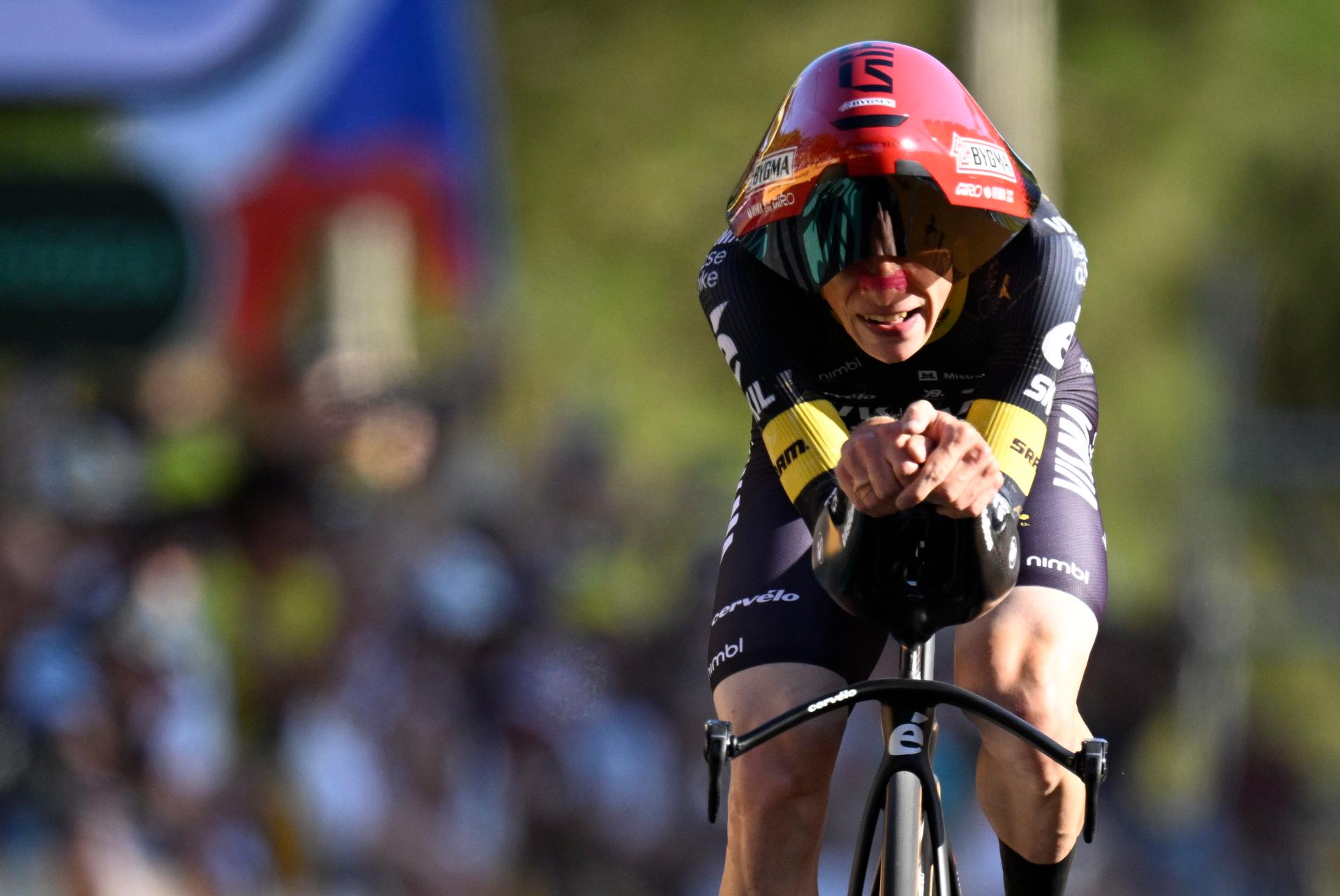 Danish Jonas Vingegaard of Team Visma-Lease a Bike pictured in action during the first stage of the 2026 Tour de France cycling race, a team time trial of 19km with start and finish in Barcelona, Spain, Saturday 04 July 2026. The 113th edition of the Tour de France starts on Saturday 4 July in Barcelona, Spain, and will finish in Paris, France on the 26th of July. BELGA PHOTO JASPER JACOBS