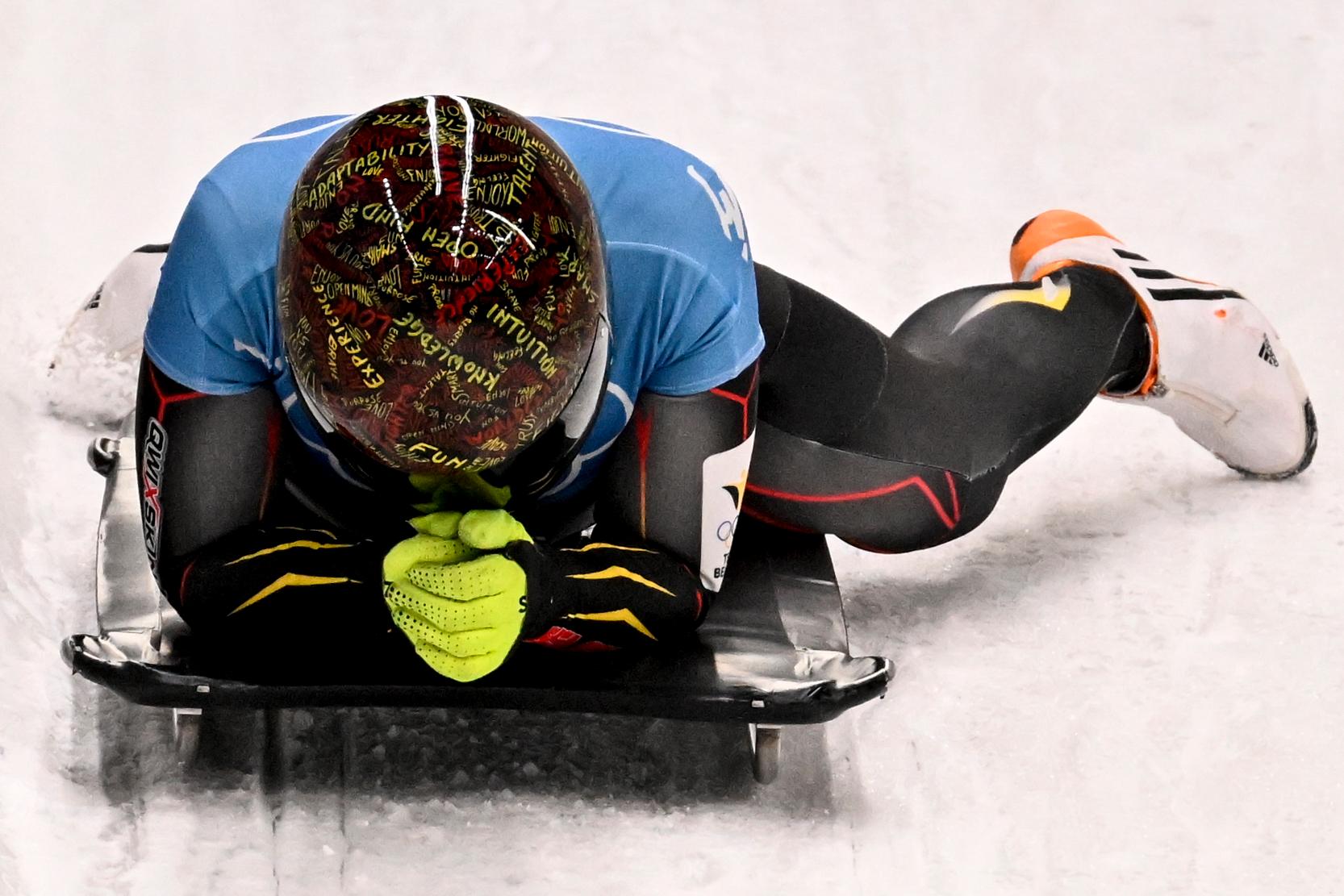 Belgian skeleton athlete Kim Meylemans pictured after the fourth and last run of the women's Skeleton event at the Beijing 2022 Winter Olympics in Beijing, China, Saturday 12 February 2022. The winter Olympics are taking place from 4 February to 20 February 2022. BELGA PHOTO LAURIE DIEFFEMBACQ