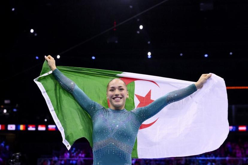 Algeria's Kaylia Nemour reacts after winning the Women's Balance Beam Final during the 54th FIG Artistic Gymnastics World Championships, in Rotterdam, southern Netherlands, on October 25, 2026. JOHN THYS / AFP