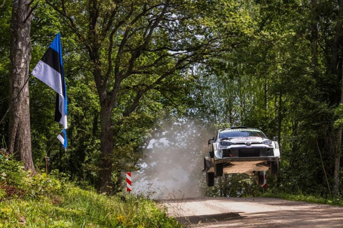 Swedish driver Oliver Solberg and his British co-driver Elliott Edmondson compete in their Toyota Yaris Rally1 during the Stage Kanepi of the Rally Estonia, eighth round of the FIA World Rally Championship in July 19, 2025 near Otepaa, Estonia. TIMO ANIS / AFP