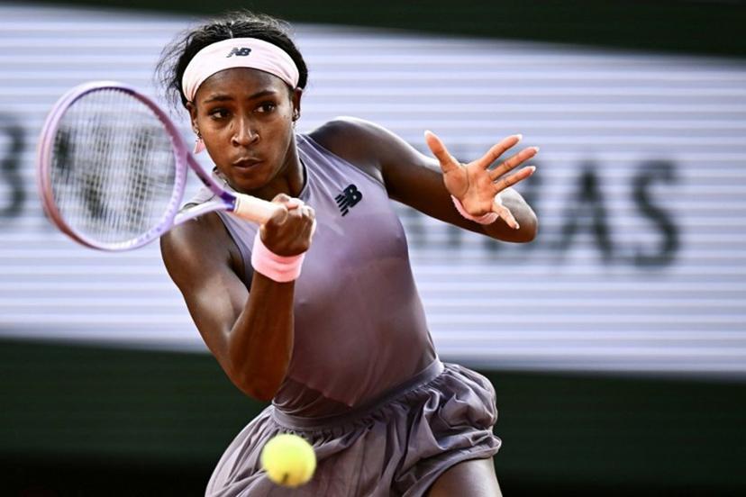 US Coco Gauff plays a forehand return to Austria's Anastasia Potapova during their women's singles match on day 7 of the French Open tennis tournament on Court Philippe-Chatrier at the Roland-Garros Complex in Paris on May 30, 2026. JULIEN DE ROSA / AFP