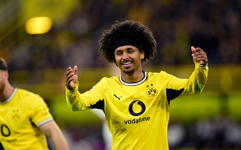 Dortmund's German forward #27 Karim Adeyemi reacts during the German first division Bundesliga football match between BVB Borussia Dortmund and Eintracht Frankfurt in Dortmund, western Germany on May 8, 2026. Ina FASSBENDER / AFP