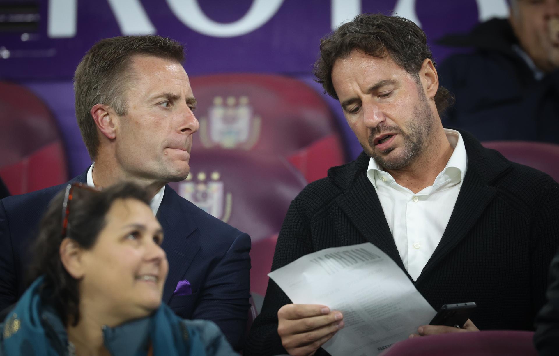 Anderlecht's COO/CCO Kenneth Bornauw and Anderlecht's sport director Olivier Renard pictured during a soccer match between RSC Anderlecht and KV Kortrijk, Sunday 03 November 2024 in Brussels, a game of day 13 of the 2024-2025 season of the 'Jupiler Pro League' first division of the Belgian championship. BELGA PHOTO VIRGINIE LEFOUR