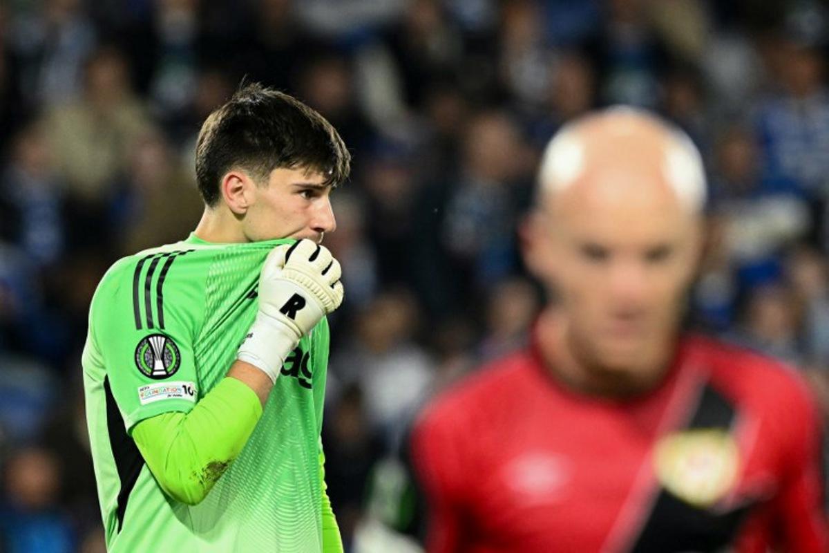 Strasbourg's Belgian goalkeeper #39 Mike Penders reacts during the UEFA Conference League semi-final second leg football match between RC Strasbourg Alsace and Rayo Vallecano de Madrid at Stade de la Meinau in Strasbourg, eastern France on May 7, 2026. SEBASTIEN BOZON / AFP